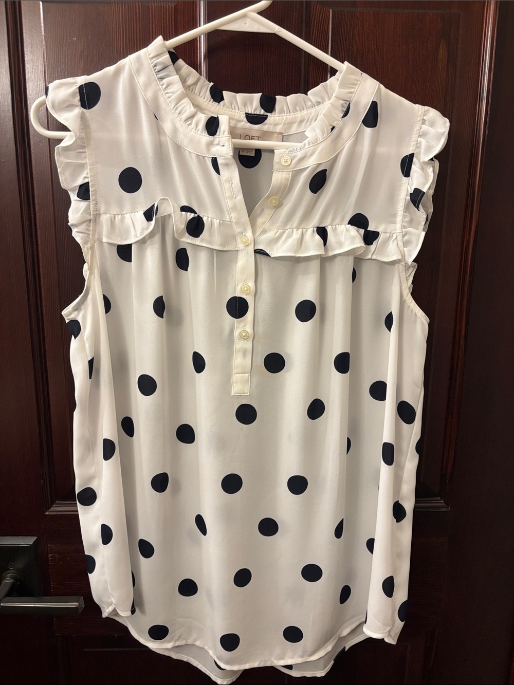 LOFT White Sleeveless Blouse with Navy Polka Dots